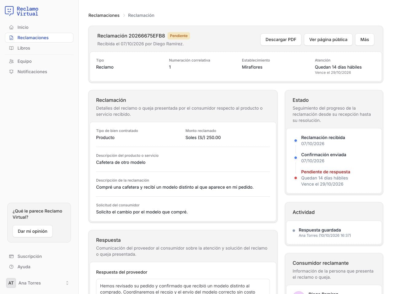 Panel de Reclamo Virtual con un caso ficticio y el espacio para preparar la respuesta.